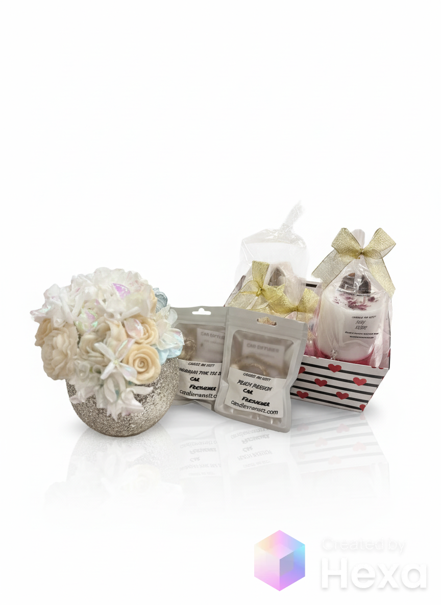 Valentine’s Day candle and wax melts with two car diffusers and a flower bouquet of wax melts gift basket for that special one on that special day. With fruity and floral aromatic aromas