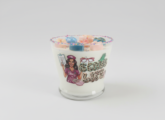 “MY LIFE” soy wax candle with a variety of aromas to choose from and different designs on your vessel, just put in your request for the aromas you like.These are nurse, scrub tech,SPD OR staff candles