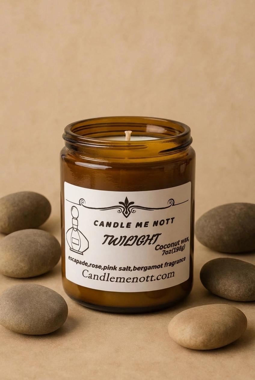 TWILIGHT Coconut wax candle with escapade,rose,pink salt and bergamot fragrance now you are entering the smooth zone light sweet aroma with floral accents. This 7oz/403gr candle will give you up to35 hrs of burn time if the candle care card is followed.